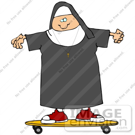 #30798 Clip Art Graphic of a Caucasian Nun in Uniform, Skateboarding by DJArt