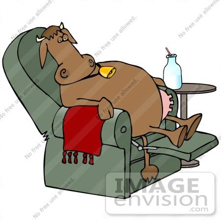 #30822 Clip Art Graphic of a Tired Brown Cow With Udders, Relaxing After A Long Day Of Work, Sitting With Her Feet Up In A Recliner Chair And Drinking A Bottle Of Milk by DJArt