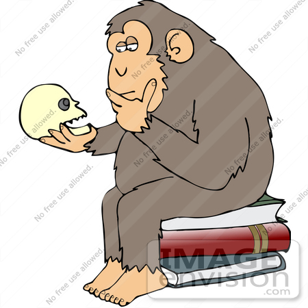 #30958 Clip Art Graphic of a Cartoon Parody of Rheinhold’s "Philosophizing Monkey" Showing a Chimp Holding a Skull and Sitting on Books by DJArt