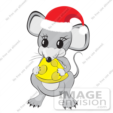 #31793 Clipart Illustration of a Cute Little Gray Mouse Wearing A Red And White Santa Hat And Holding And Nibbling On A Wedge Of Yellow Swiss Cheese by Oleksiy Maksymenko