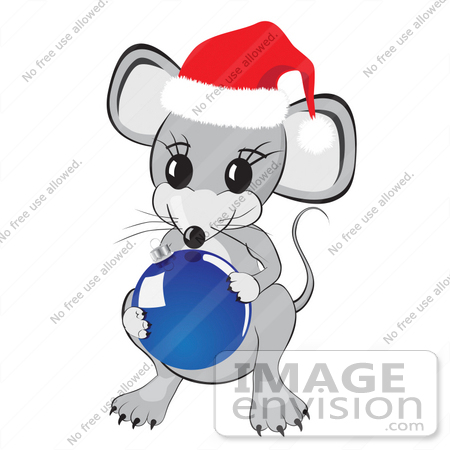 #31861 Clipart Illustration of a Cute Little Gray Mouse Wearing A Red And White Santa Hat And Holding A Shiny Blue Glass Christmas Tree Ornament Bauble by Oleksiy Maksymenko