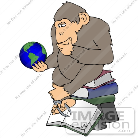 #32071 Clip Art Graphic of a Cartoon Parody of Rheinhold’s "Philosophizing Monkey" Showing a Chimpanzee Holding a Globe and Sitting on Books by DJArt
