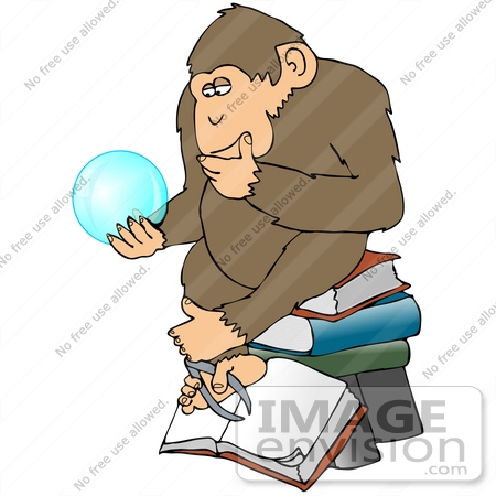 #32072 Clip Art Graphic of a Cartoon Parody of Rheinhold’s "Philosophizing Monkey" Showing a Monkey Holding a Gypsy Crystal Ball and Sitting on Books by DJArt