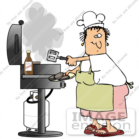#32073 Clip Art Graphic of a Caucasian Woman in an Apron and Chef’s Hat Cooking Burgers on a Gas Grill by DJArt