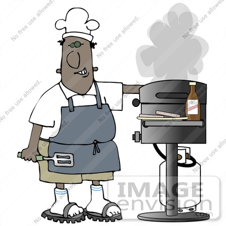 #32074 Clip Art Graphic of an African American Man Smiling While Cooking on a Gas Grill by DJArt