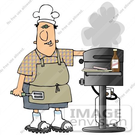 #32075 Clip Art Graphic of a Caucasian Man Grinning While Cooking On A Gas Grill by DJArt