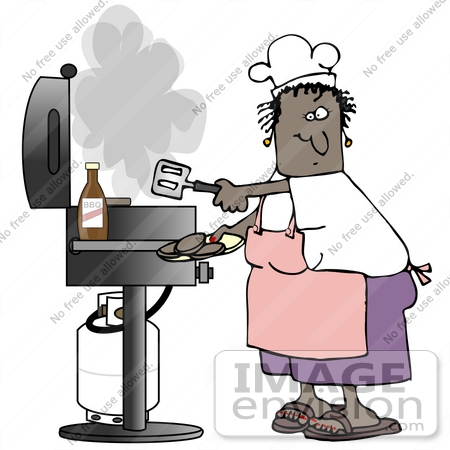#32077 Clip Art Graphic of an African American Woman Cooking Hamburgers On A Gas Grill While Wearing An Apron And Chefs Hat by DJArt