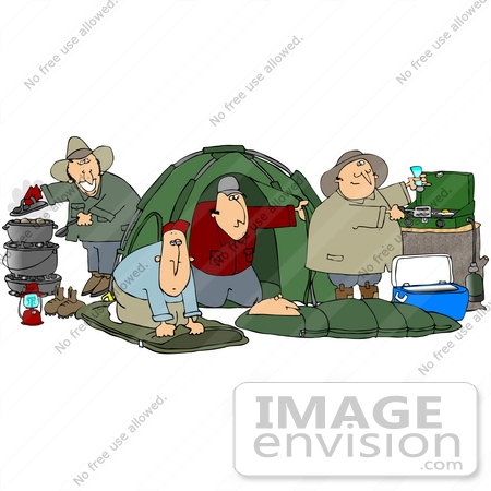 #32099 Clip Art Graphic of a Group Of Caucasian Men Setting Up Camp While Enjoying A Weekend Without Wives Or Kids by DJArt