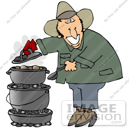 #32100 Clip Art Graphic of a Happy Caucasian Guy Cooking Food On A Dutch Oven At His Campsite by DJArt