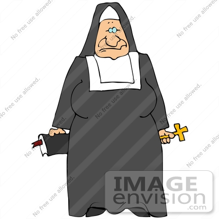 #32106 Clip Art Graphic of a Nun Standing With A Cross And Bible During Church by DJArt