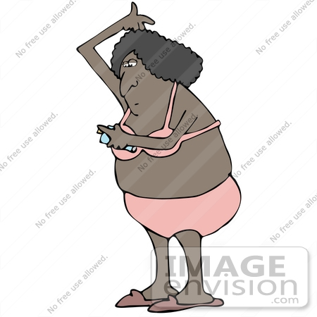 #32108 Clip Art Graphic of an African American Woman Using Spray Deodorant Under Her Arms To Prevent Body Odor by DJArt