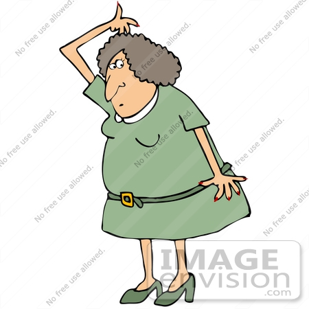 #32112 Clip Art Graphic of a Paranoid Caucasian Woman Sniffing Her Armpits For Odor While Out On The Town by DJArt
