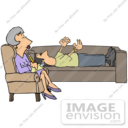 #33359 Clip Art Graphic of an Emotional Caucasian Man Lying On A Couch And Gesturing With His Hands While Venting To His Shrink, A Middle Aged Woman Seated In A Chair by DJArt
