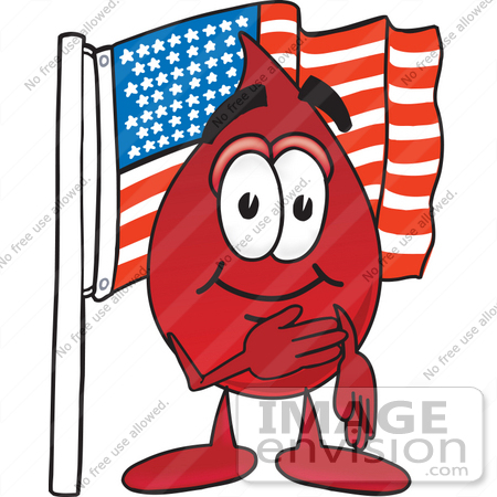 #33379 Clip Art Graphic of a Transfusion Blood Droplet Mascot Cartoon Character Pledging Allegiance to an American Flag by toons4biz