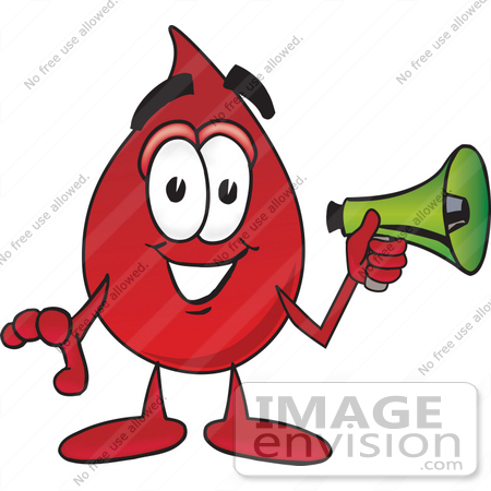 #33390 Clip Art Graphic of a Transfusion Blood Droplet Mascot Cartoon Character Holding a Megaphone by toons4biz