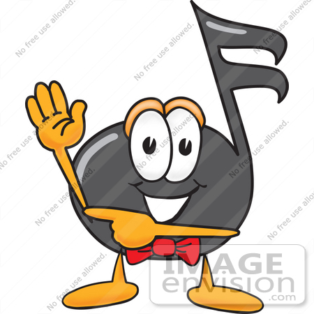 #33391 Clip Art Graphic of a Semiquaver Music Note Mascot Cartoon Character Waving and Pointing by toons4biz