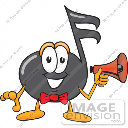 #33392 Clip Art Graphic of a Semiquaver Music Note Mascot Cartoon Character Holding a Megaphone by toons4biz