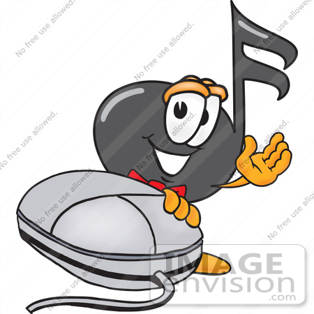 #33394 Clip Art Graphic of a Semiquaver Music Note Mascot Cartoon Character With a Computer Mouse by toons4biz