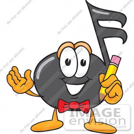 #33395 Clip Art Graphic of a Semiquaver Music Note Mascot Cartoon Character Holding a Pencil by toons4biz