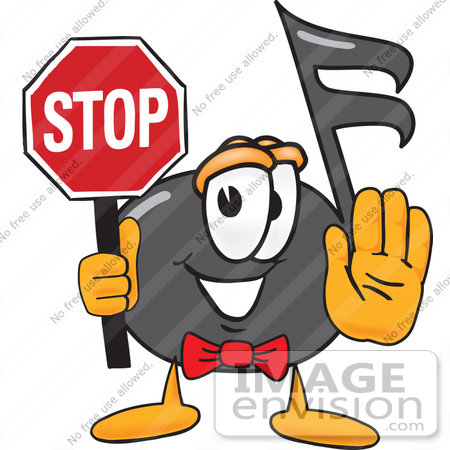 #33398 Clip Art Graphic of a Semiquaver Music Note Mascot Cartoon Character Holding a Stop Sign by toons4biz