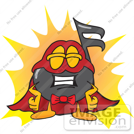 #33406 Clip Art Graphic of a Semiquaver Music Note Mascot Cartoon Character Dressed as a Super Hero by toons4biz
