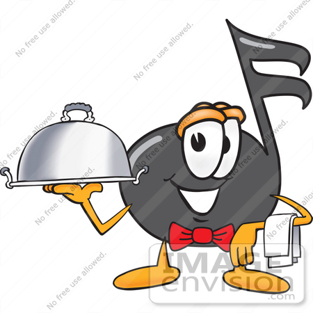 #33407 Clip Art Graphic of a Semiquaver Music Note Mascot Cartoon Character Dressed as a Waiter and Holding a Serving Platter by toons4biz