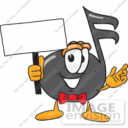 #33410 Clip Art Graphic of a Semiquaver Music Note Mascot Cartoon Character Holding a Blank Sign by toons4biz