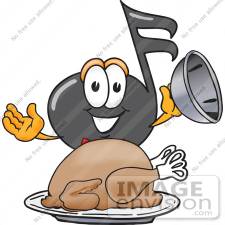 #33417 Clip Art Graphic of a Semiquaver Music Note Mascot Cartoon Character Serving a Thanksgiving Turkey on a Platter by toons4biz
