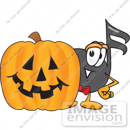 #33420 Clip Art Graphic of a Semiquaver Music Note Mascot Cartoon Character With a Carved Halloween Pumpkin by toons4biz