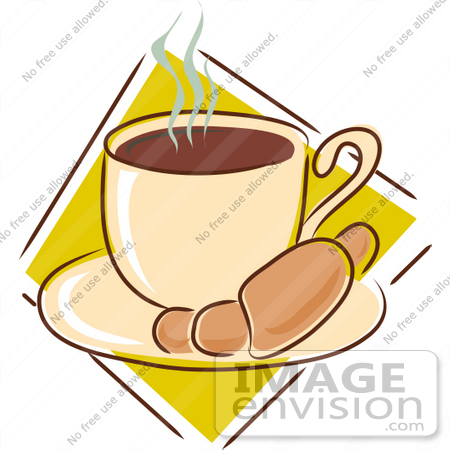 #33433 Clipart of a Warm Croissant On A Saucer With A Steamy Cup Of Hot Coffee by Maria Bell