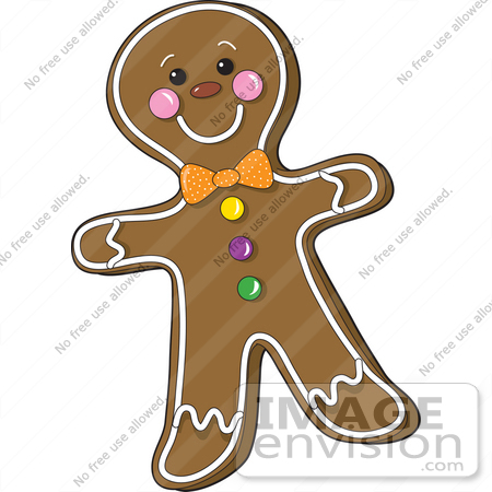 #33454 Clipart of a Smiling Gingerbread Man With Frosted Accents, A Bow And Candies by Maria Bell