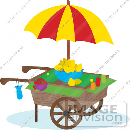 #33467 Clipart of a Vendor Cart With An Umbrella, Bowl Of Lemons, Strawberries And Cups by Maria Bell