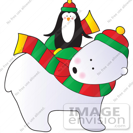 #33494 Christmas Clipart Of A Cute Penguin Riding On The Back Of A Friendly Polar Bear Wearing A Scarf by Maria Bell