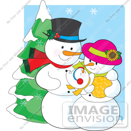 #33496 Christmas Clipart Of A Proud Snowman Father Adoring His Newborn Baby While His Wife Cradles It by Maria Bell