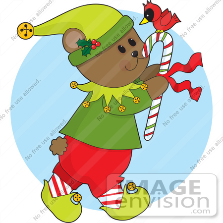 #33516 Christmas Clipart Of A Gentle Bear Elf Carrying A Red Cardinal Bird On Top Of A Candy Cane by Maria Bell