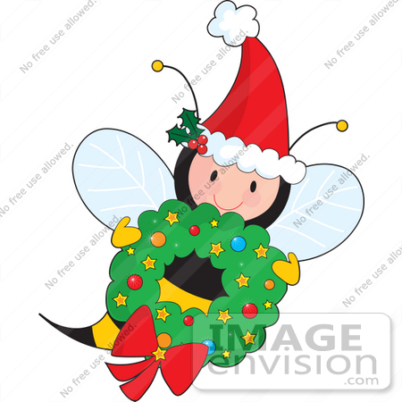 #33517 Christmas Clipart Of A Jolly Christmas Bee Wearing A Santa Hat And Carrying A Wreath by Maria Bell