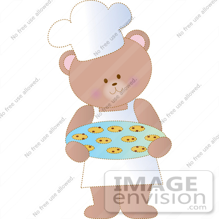 #33536 Clipart of a Chef Bear Wearing A Chefs Hat And Apron, Carrying Warm Chocolate Chip Cookies In A Bakery by Maria Bell