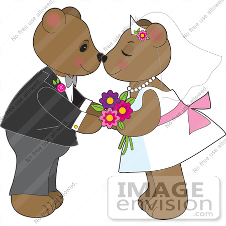 #33548 Clip Art Graphic of a Loving Teddy Bear Couple Kissing At Their Wedding by Maria Bell