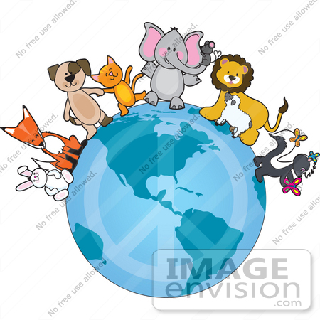 #33561 Clip Art Graphic of a Happy Group Of Animals, A Bunny, Fox, Dog, Cat, Elephant, Mouse, Lion, Lamb, And Skunk With A Butterfly, Being Peaceful And Standing On The Globe by Maria Bell