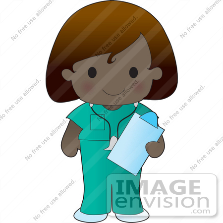 #33576 Clip Art Graphic of a Poppy Character Nurse In Green Scrubs, Carrying A Clipboard by Maria Bell