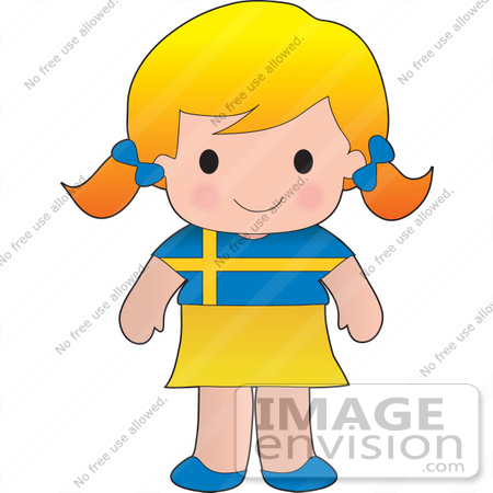 #33577 Clip Art Graphic of a Blond Haired Poppy Character Of Sweden, Wearing A Cultural Flag Outfit by Maria Bell