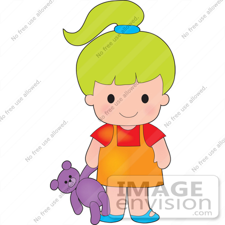 #33585 Clip Art Graphic of a Lime Green Haired Poppy Character Girl Carrying A Purple Teddy Bear by Maria Bell