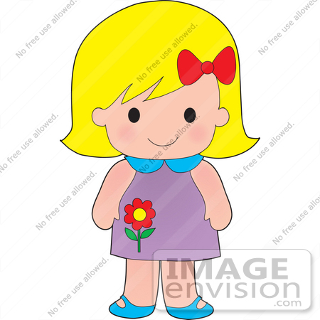 #33587 Clip Art Graphic of a Blond Haired Poppy Character Girl With A Red Bow In Her Hair And A Red Flower Image On Her Dress by Maria Bell