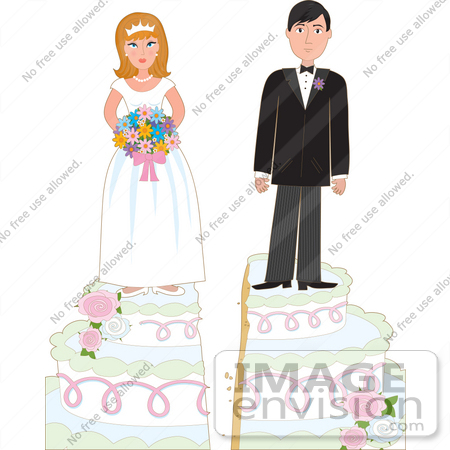 #33606 Clip Art Graphic of a Young Couple Standing On Top Of Their Wedding Cake, Getting Split Apart And Divorcing by Maria Bell
