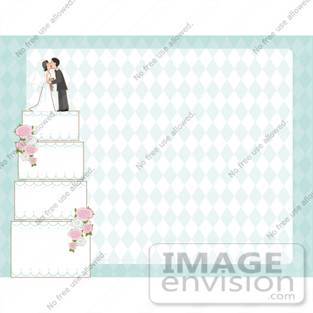 #33607 Clip Art Graphic of a Married Couple Kissing On Top Of A Wedding Cake On A Stationery Background by Maria Bell
