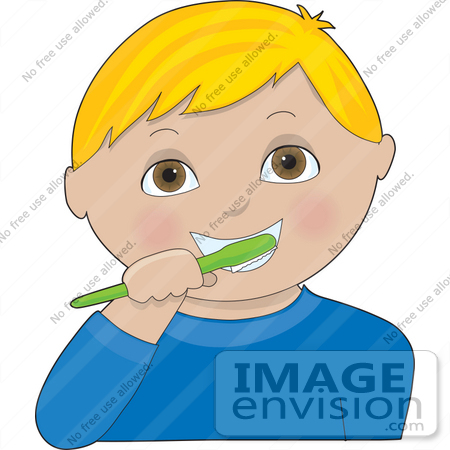 #33609 Clip Art Graphic of a Blond Boy With Brown Eyes Brushing His Teeth With A Green Brush by Maria Bell