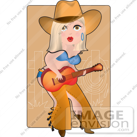 #33612 Clip Art Graphic of a Dainty Character Lady Cowgirl Strumming A Guitar And Wearing Chaps by Maria Bell