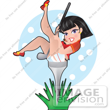 #33618 Clip Art Graphic of a Dainty Character Lady Golfing, Sitting On A Tee And Holding A Club by Maria Bell