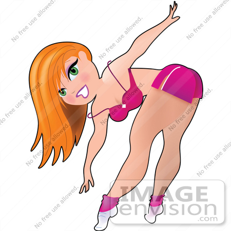 #33631 Clip Art Graphic of a Dainty Character Lady In Pink Stretching At The Gym by Maria Bell