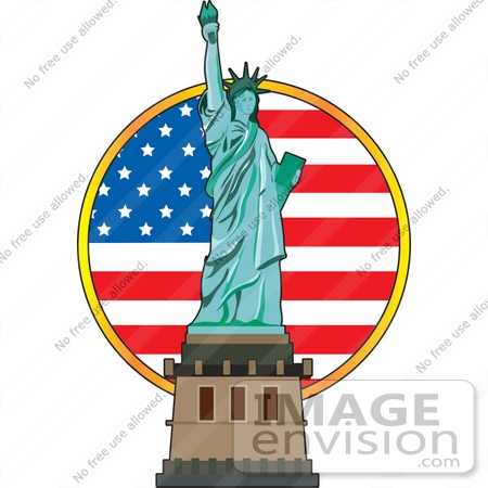 #33646 Clip Art Graphic of a Circular American Flag Behind The Statue Of Liberty by Maria Bell
